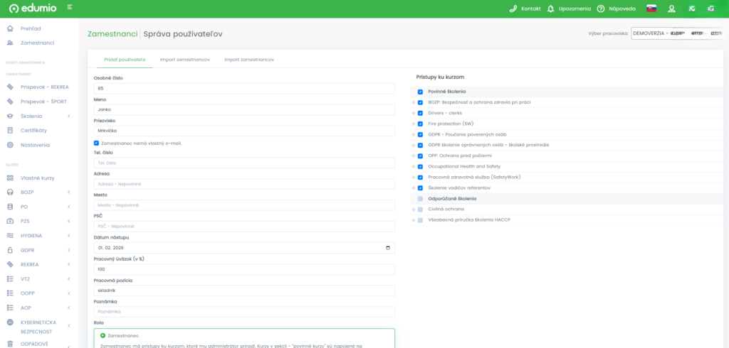 Informačný a vzdelávací systém Edumio –  pridanie zamestnanca a automatické priradenie povinných školení.