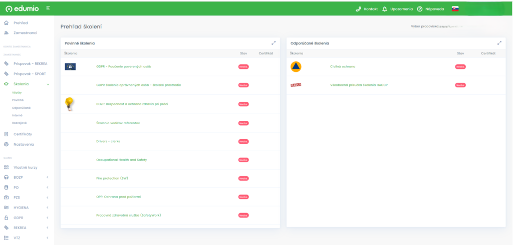 Informačný a vzdelávací systém Edumio – prehľad školení.