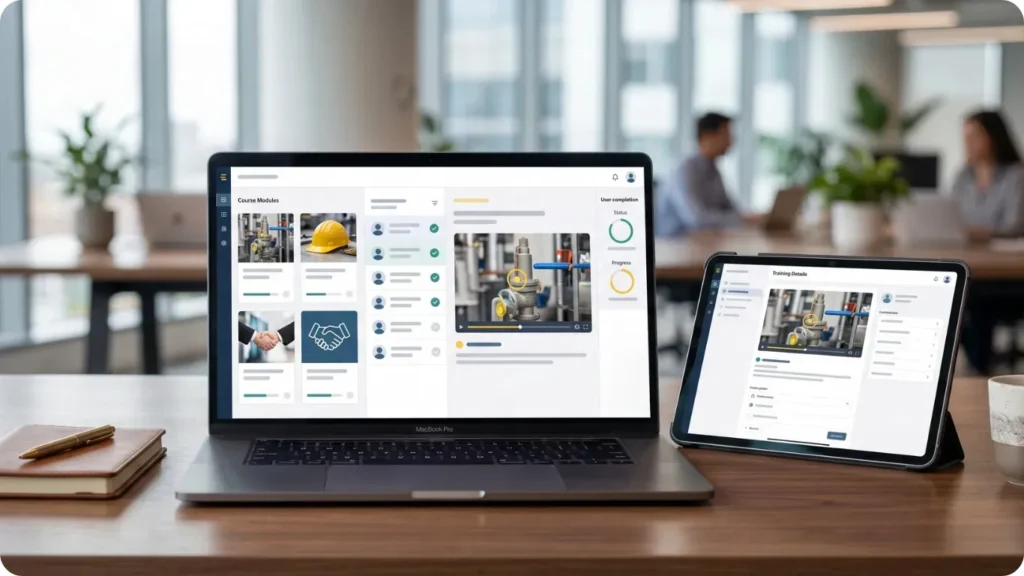 Digitálny vzdelávací systém pre povinné školenia BOZP a priemyselnej bezpečnosti zobrazený na notebooku a tablete v modernom kancelárskom prostredí.