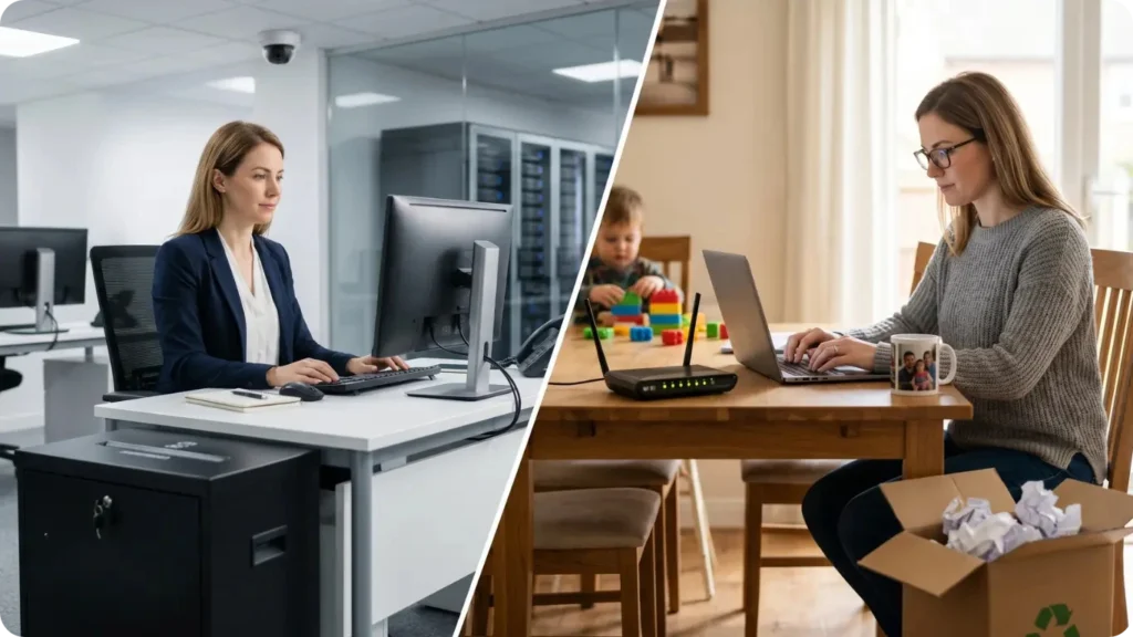 GDPR office žena pracuje v zabezpečenej kancelárii a doma pri notebooku s Wi‑Fi routerom.