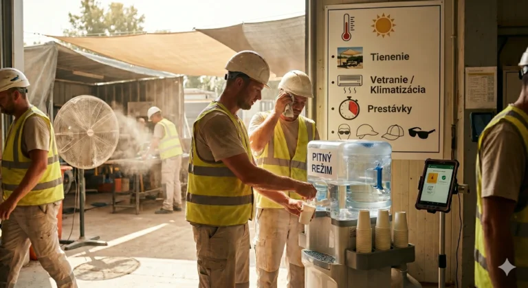 Muži na stavbe pijú vodu z chladiča a dodržiavajú odporúčané prestávky. Informačná tabuľa o tienení a vetraní ilustruje preventívne BOZP služby v praxi zamerané na letné horúčavy