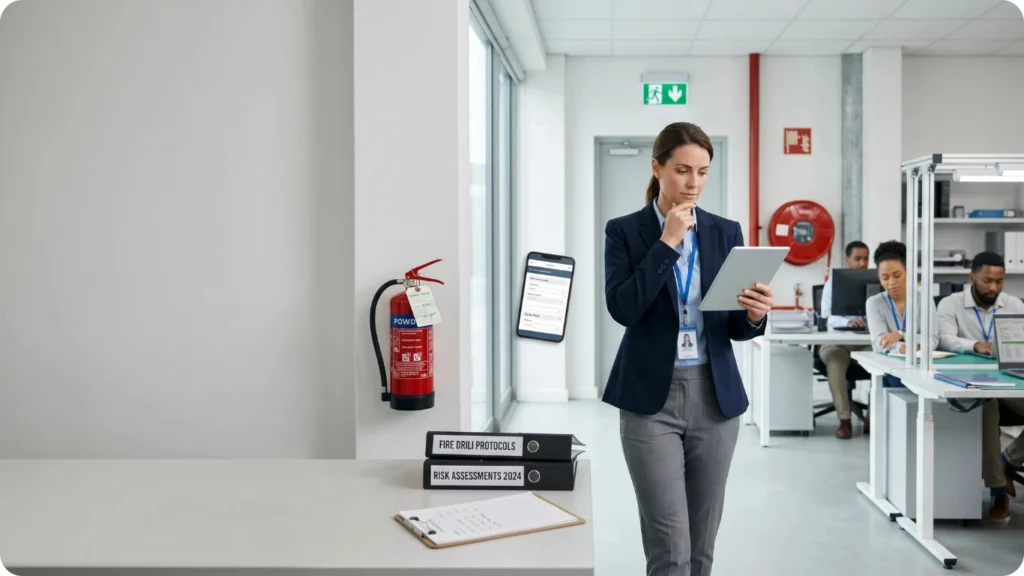 Kontrola BOZP a hygieny na pracovisku inšpektorka s tabletom preveruje hasiaci prístroj, únikové značenie a dokumenty hodnotenia rizík v kancelárii.