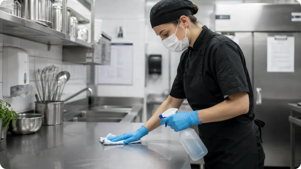 Kontrola BOZP a hygieny na pracovisku pracovníčka v rúšku a rukaviciach dezinfikuje nerezovú plochu v profesionálnej kuchyni.
