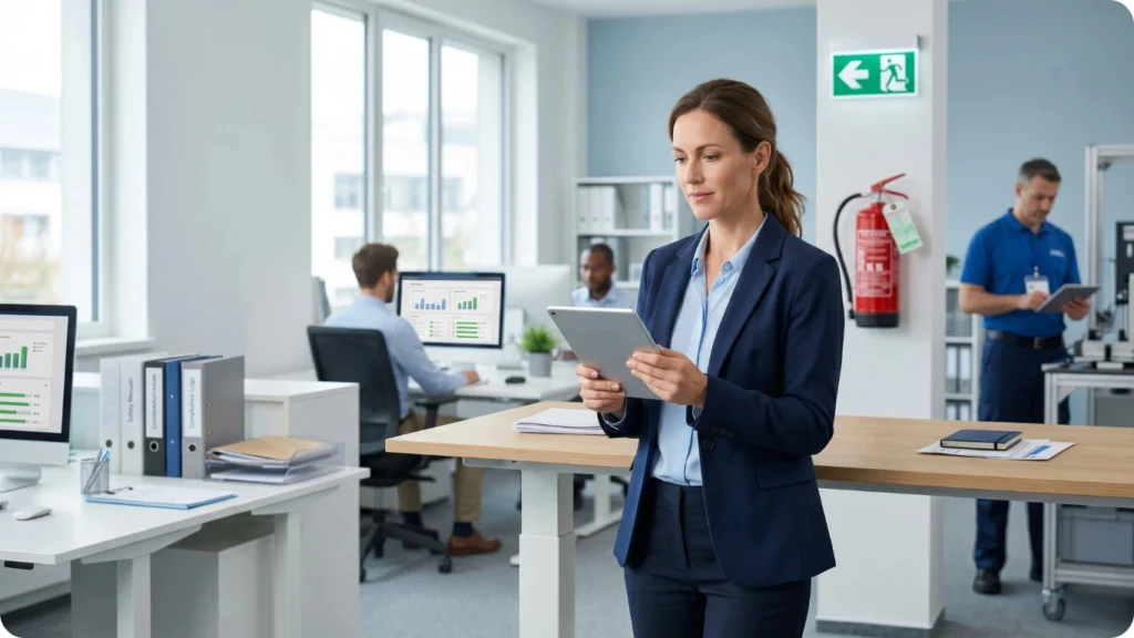 Kontrola BOZP a hygieny na pracovisku v administratívnych priestoroch, kde vedúca pracovníčka digitálne overuje dodržiavanie bezpečnostných predpisov.