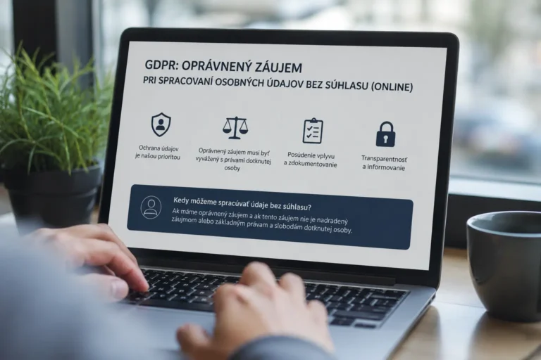 Online GDPR školenie na notebooku vysvetľuje oprávnený záujem pri spracúvaní osobných údajov bez súhlasu.