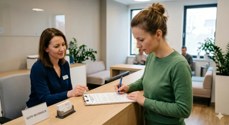 Klientka podpisuje GDPR dokument na recepcii modernej kliniky za asistencie pracovníčky.