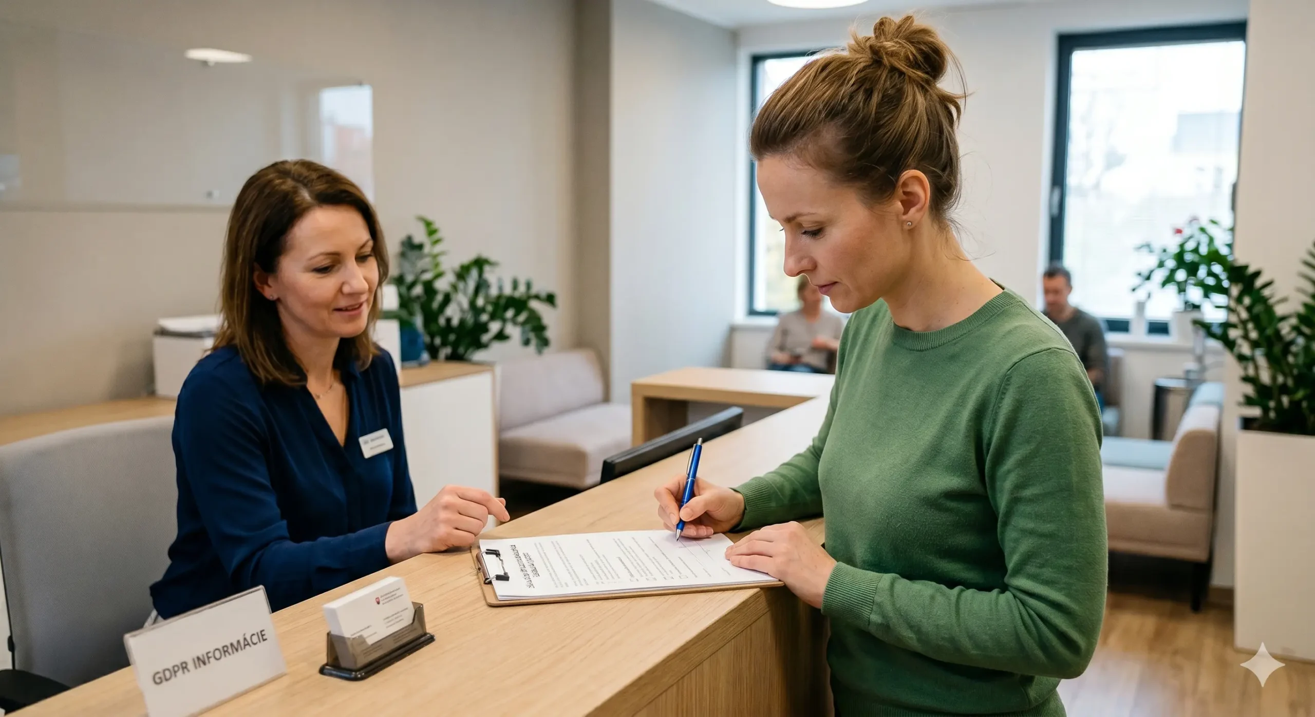Klientka podpisuje GDPR dokument na recepcii modernej kliniky za asistencie pracovníčky.