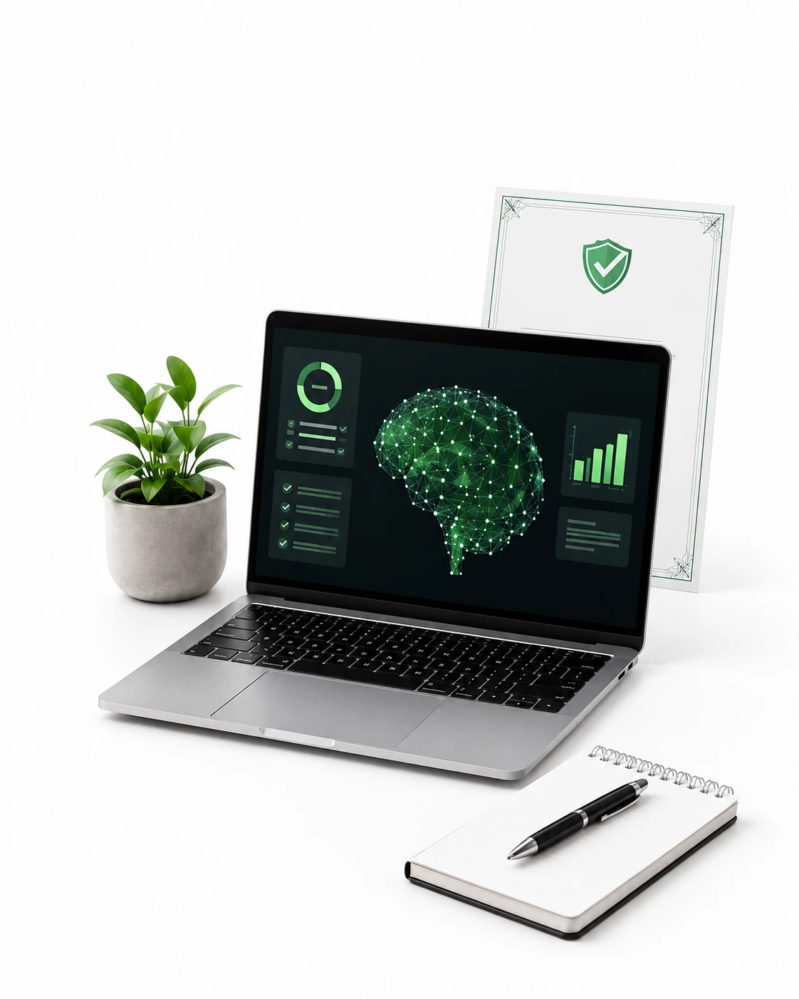 Otvorený notebook zobrazujúci digitálny mozog a analytické grafy na pracovnom stole pre školenie AI a AI školenie online.