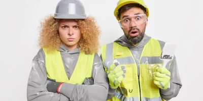 BOZP povinnosti musia dodržiavať pracovníci v ochranných vestách a prilbách.