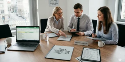 Firemný tím počas GDPR auditu kontroluje dokumentáciu, ochranu osobných údajov a interné povinnosti zodpovednej osoby.