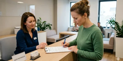 Klientka podpisuje GDPR dokument na recepcii modernej kliniky za asistencie pracovníčky.